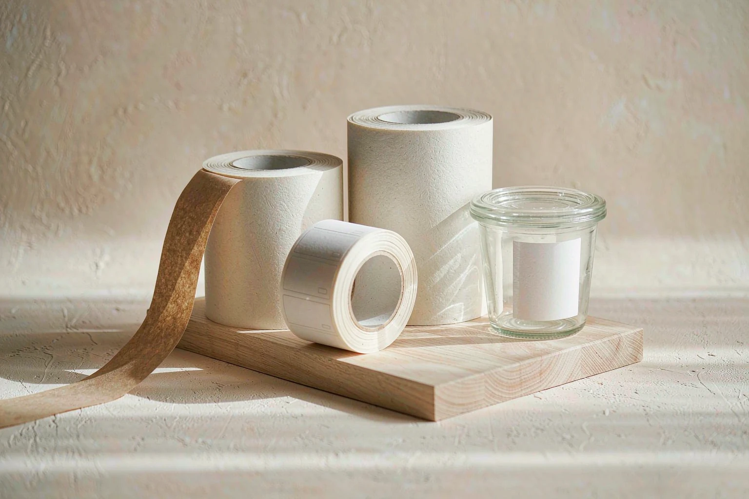 Rolls of white wash-off paper labels on a glassine liner beside a labelled glass food container