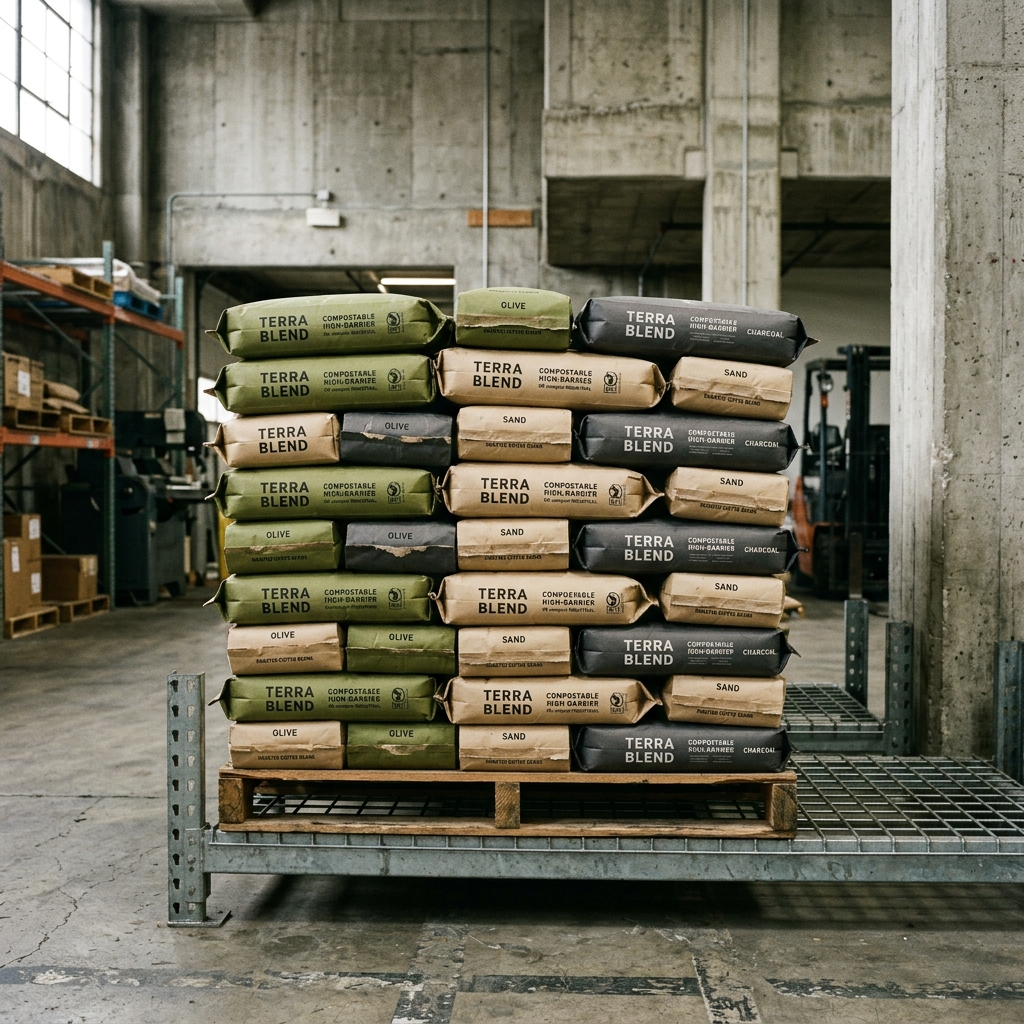 High barrier compostable coffee bags stacked