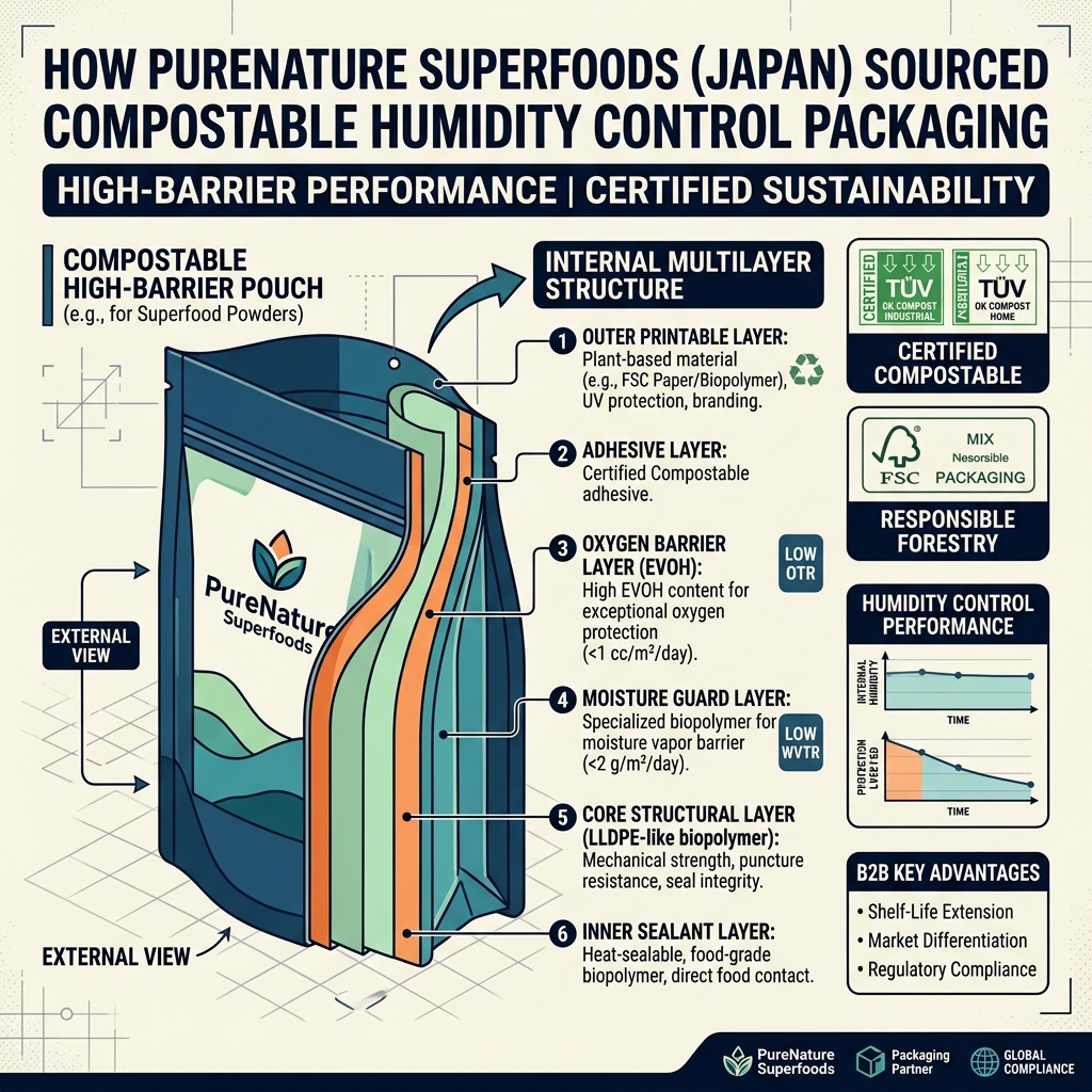 Discover how the brand transition to zero-waste custom Flat bottom pouch packaging in Austria using certified compostable Bio Kraft VM Cello.