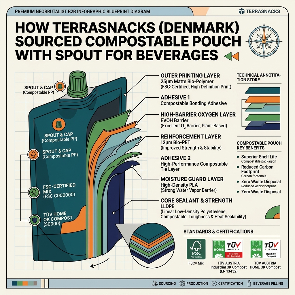 Discover how the brand transition to zero-waste custom Flat bottom pouch packaging in Finland using certified compostable Bio Kraft PBAT Low Barrier.
