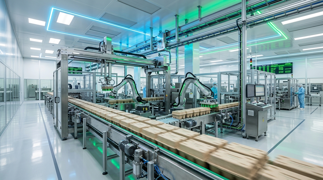 High-speed automated packaging line processing eco-friendly molded pulp boxes