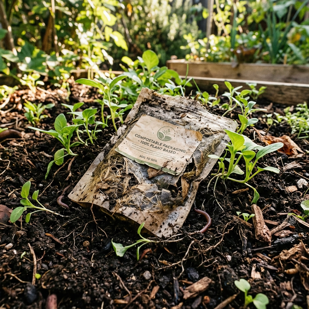 Compostable packaging pouch partially breaking down into rich soil with green sprouts
