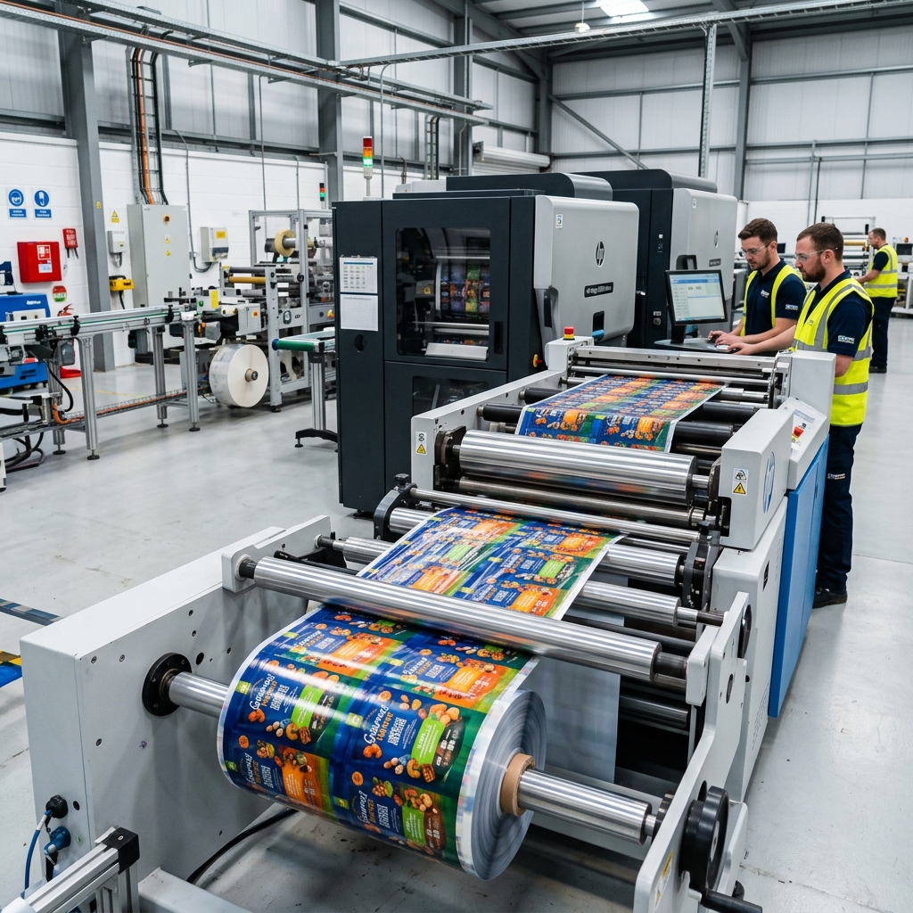 Modern digital printing press producing high-quality flexible packaging pouches