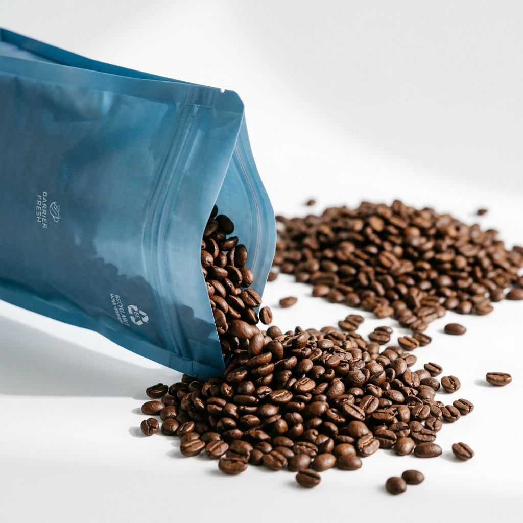 Fresh roasted coffee beans spilling from a sleek blue-tinted recyclable mono-PE pouch