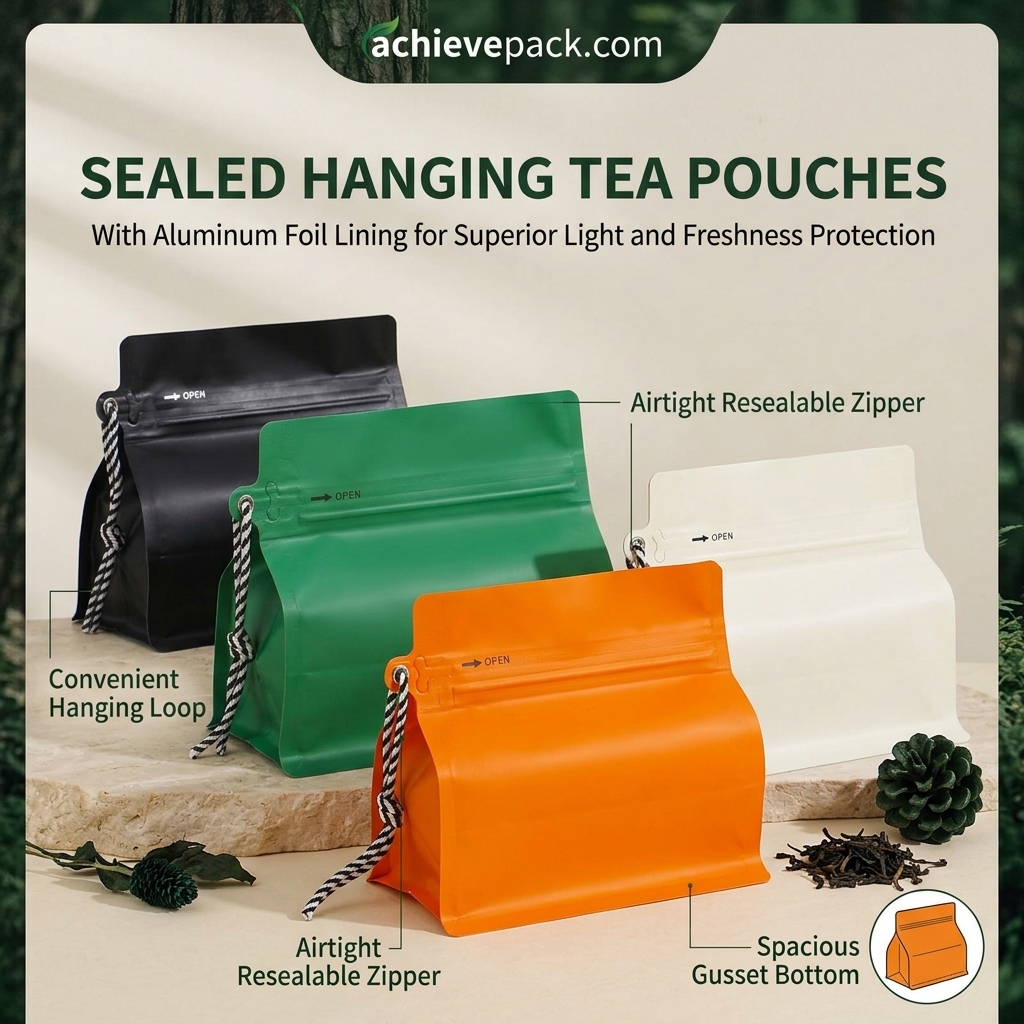 Coffee & Tea One-Sided Zipper Flat Bottom Pouch with Hanging Strip