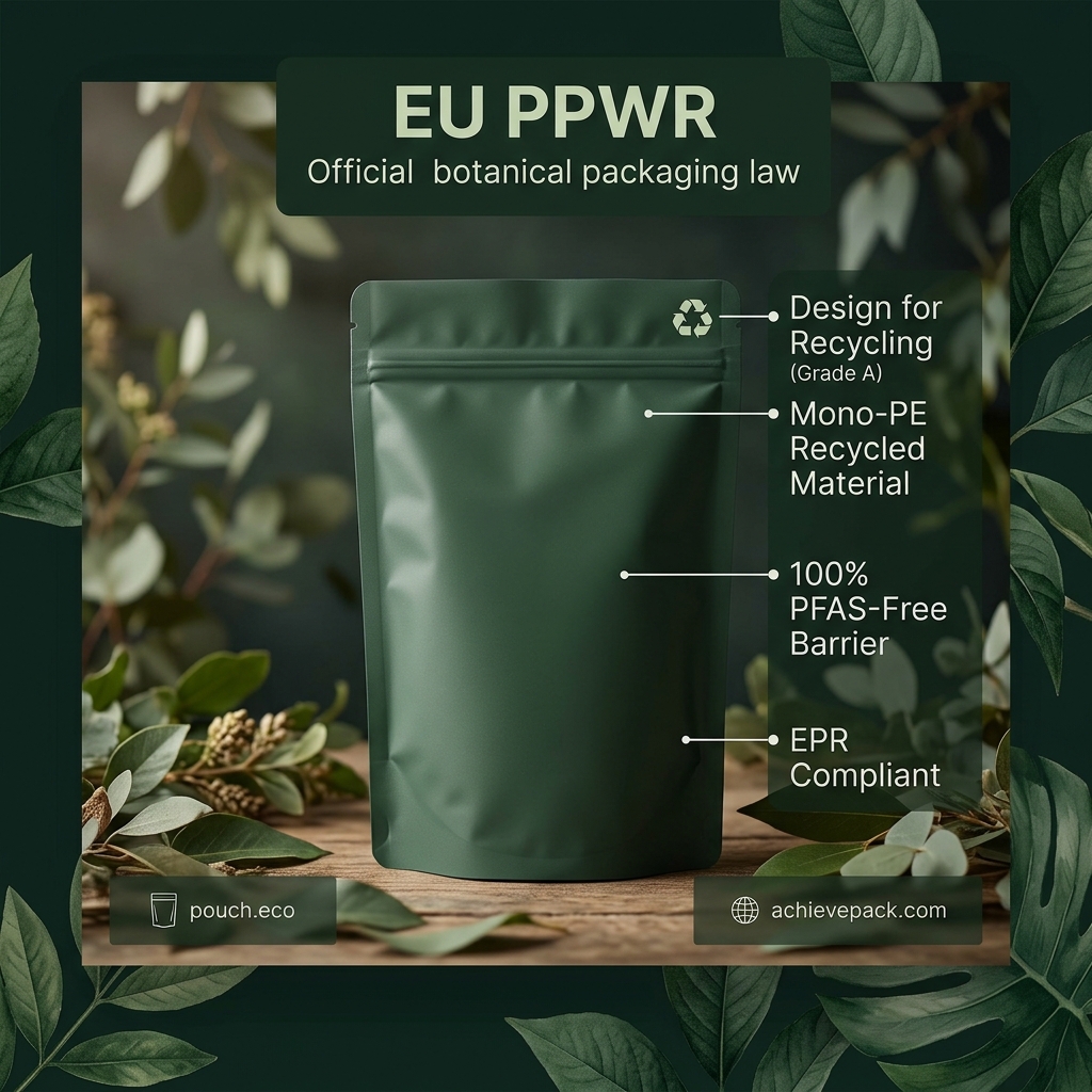 EU PPWR packaging law compliance infographic showing stand-up pouch specifications